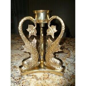 Large Brass 3 Stylized Dolphin Fish Candle Holder